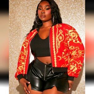 Stylish Red and Gold Women's Bomber Jacket 2X